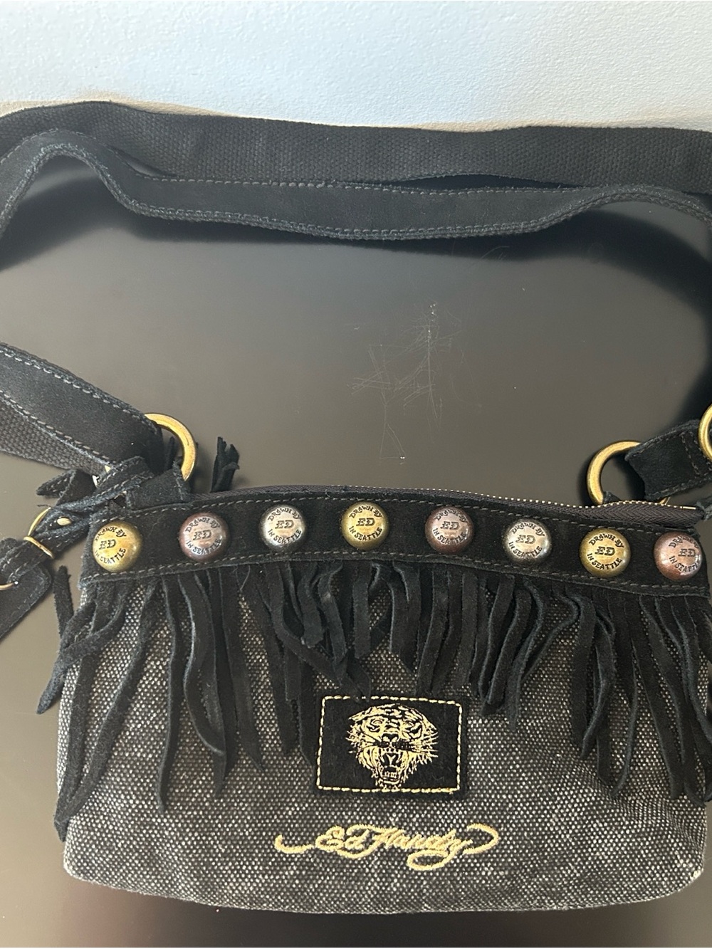 Authentic Vintage Ed Hardy Black Fringe Crossbody with Stud Accents